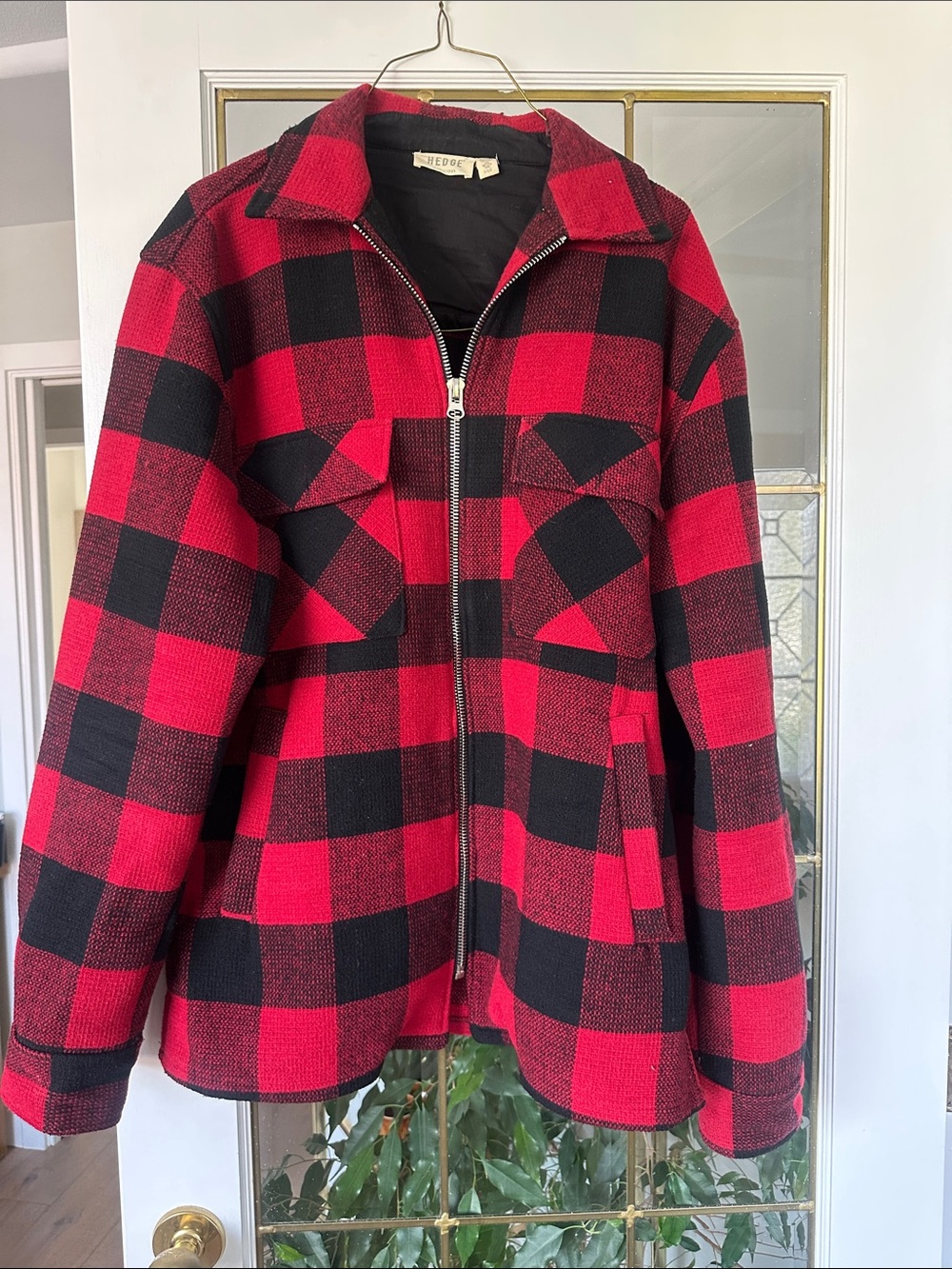 Red & Black Buffalo Plaid Zip Front Jacket by Hedge